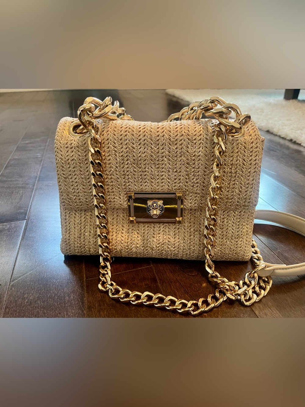 Aldo Beige Knit Shoulder Bag with Gold Chain